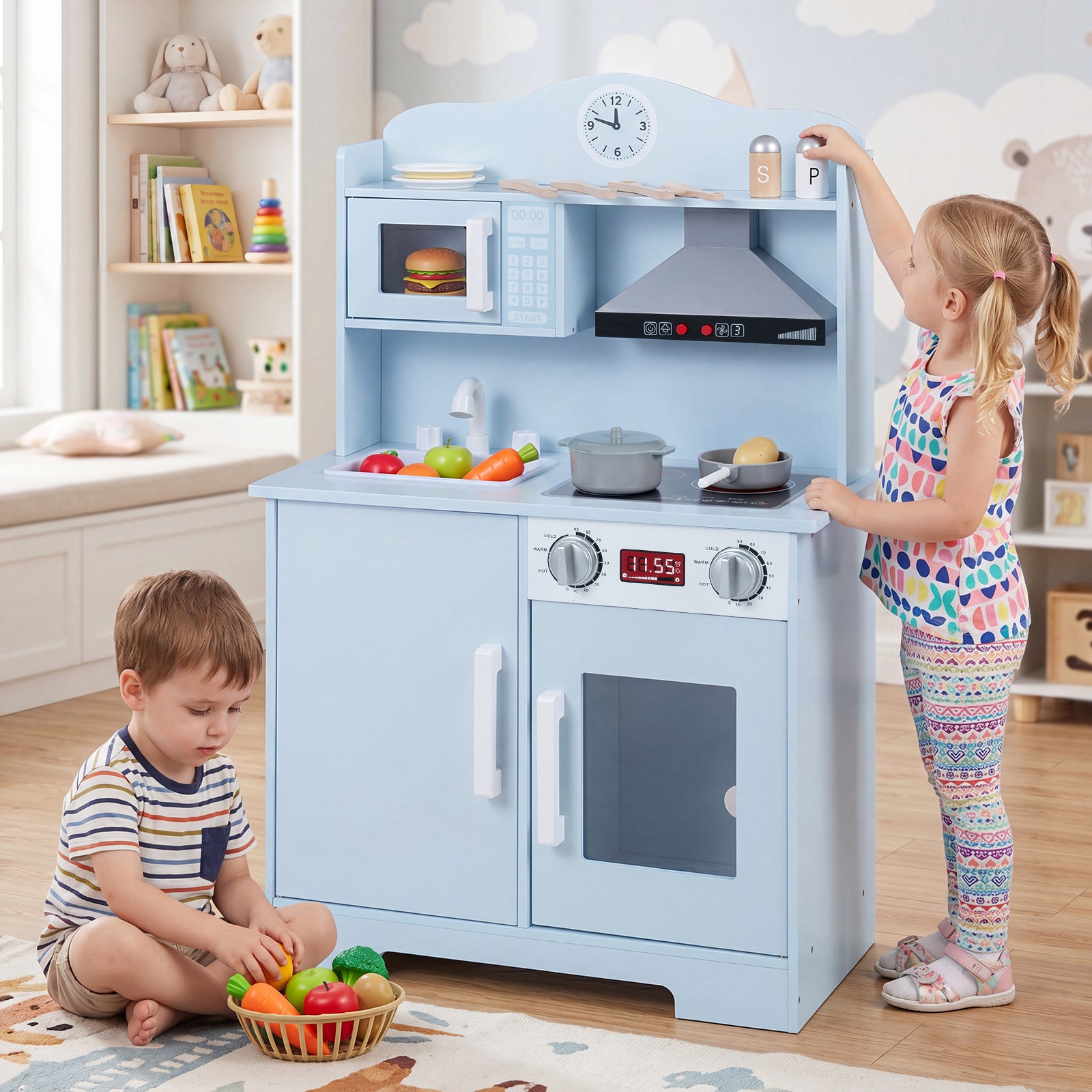 Costway Play Kitchen for Kids Wooden with Range Hood Microwave Sink-Blue
