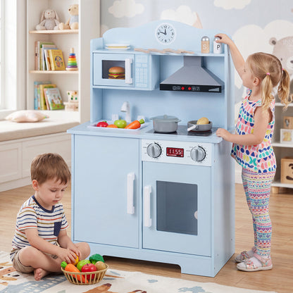 Costway Play Kitchen for Kids Wooden with Range Hood Microwave Sink-Blue