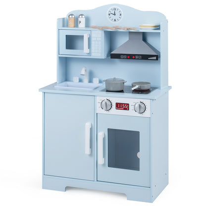 Blue Wooden Play Kitchen | Light-Up Range Hood & Sound Effects