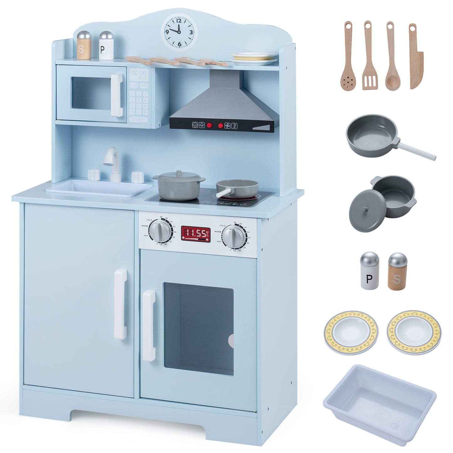 Blue Wooden Play Kitchen | Light-Up Range Hood & Sound Effects
