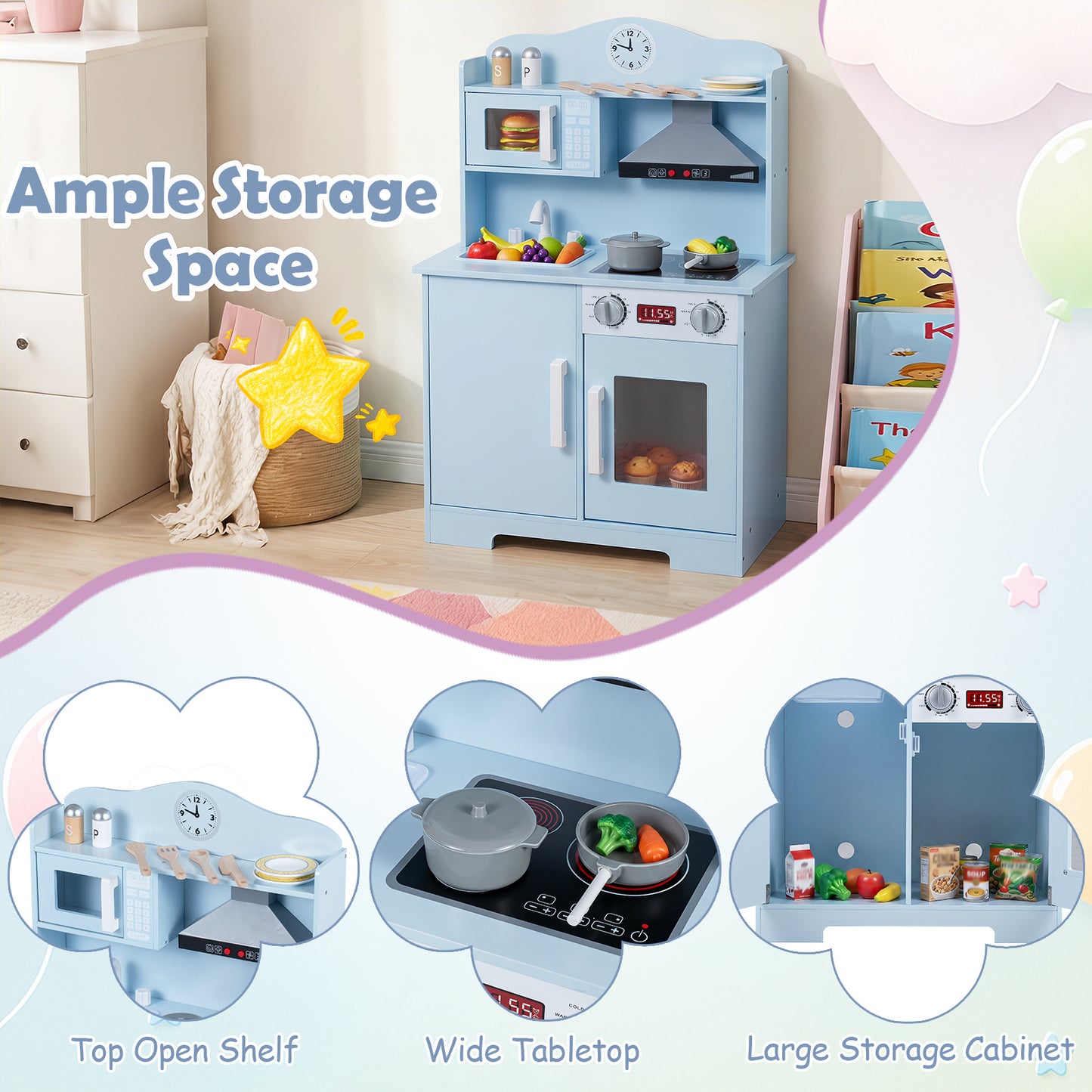 Blue Wooden Play Kitchen | Light-Up Range Hood & Sound Effects