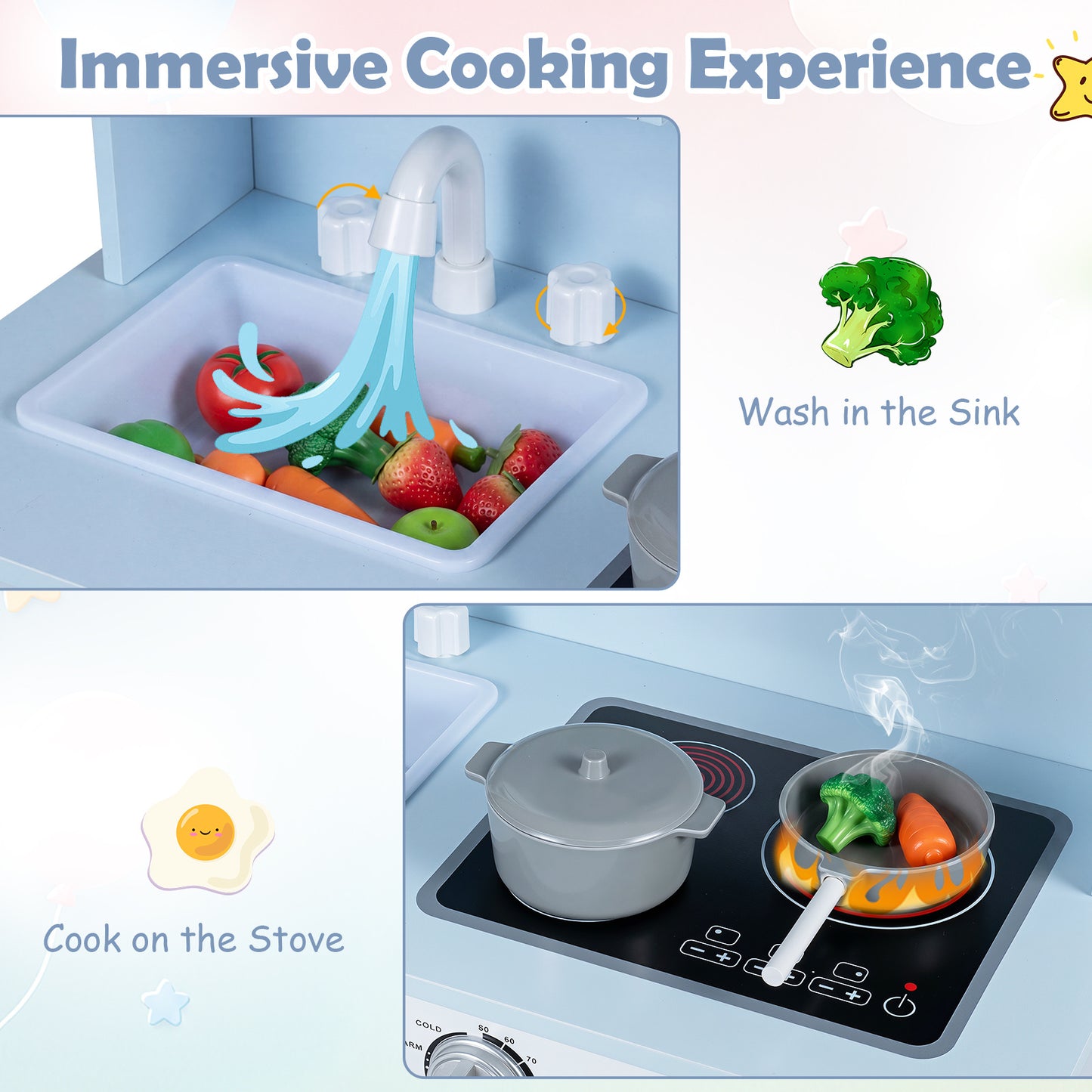 Blue Wooden Play Kitchen | Light-Up Range Hood & Sound Effects