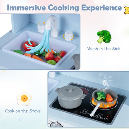 Blue Wooden Play Kitchen | Light-Up Range Hood & Sound Effects