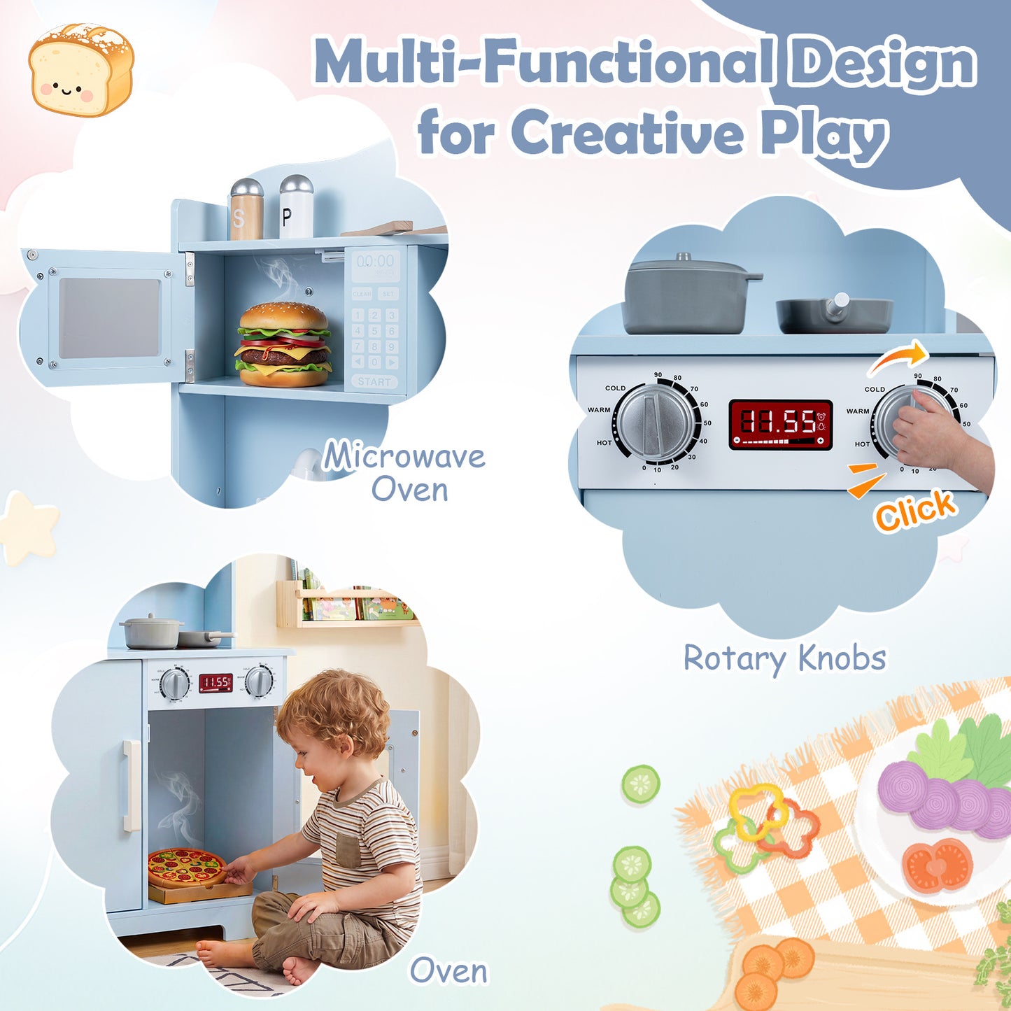 Blue Wooden Play Kitchen | Light-Up Range Hood & Sound Effects