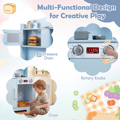 Blue Wooden Play Kitchen | Light-Up Range Hood & Sound Effects