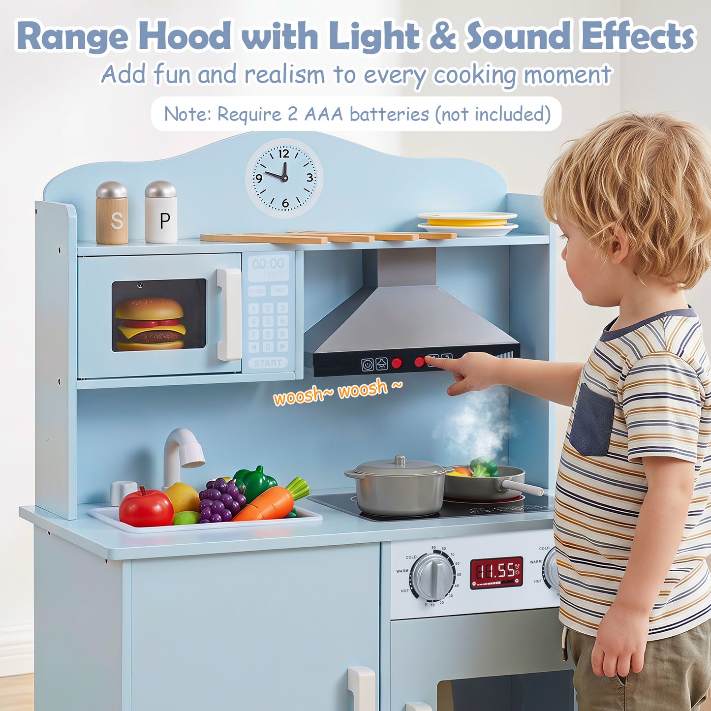 Blue Wooden Play Kitchen | Light-Up Range Hood & Sound Effects