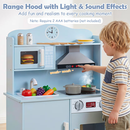 Blue Wooden Play Kitchen | Light-Up Range Hood & Sound Effects