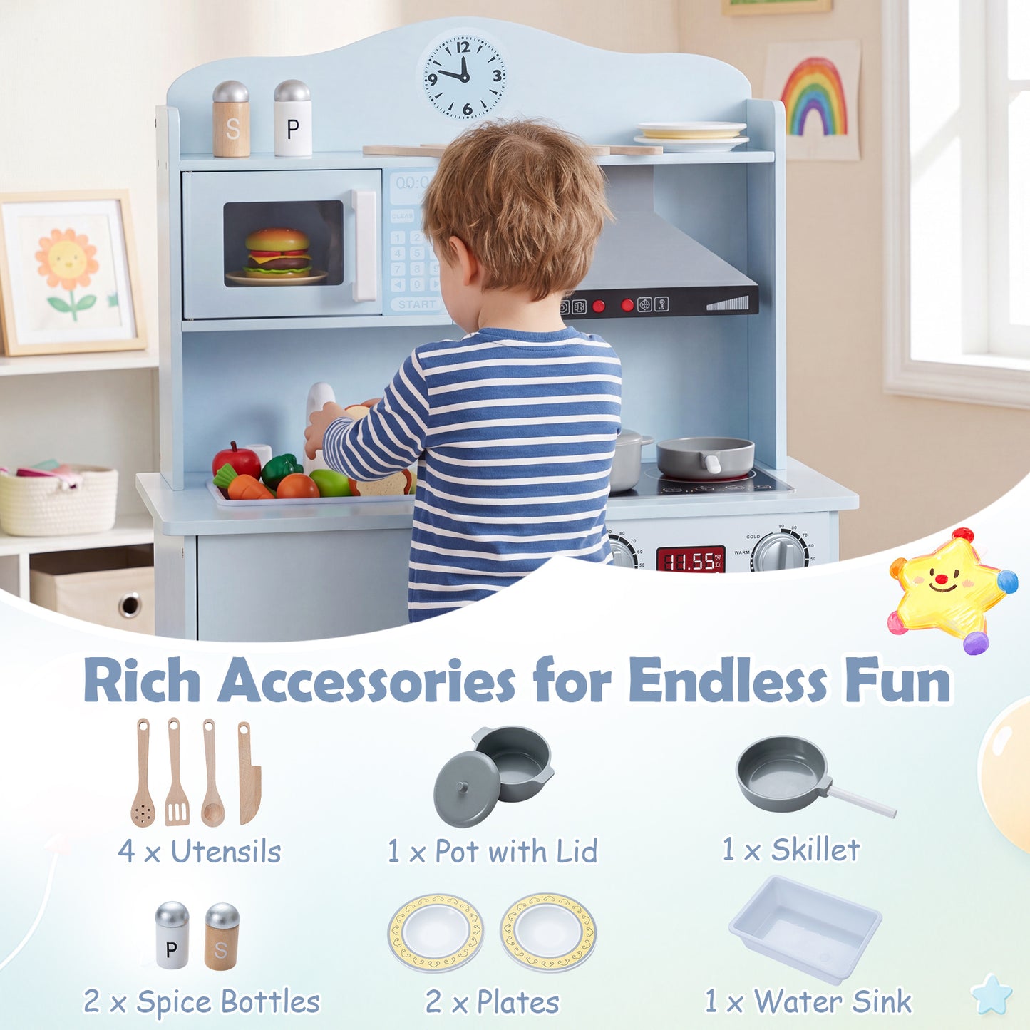 Blue Wooden Play Kitchen | Light-Up Range Hood & Sound Effects