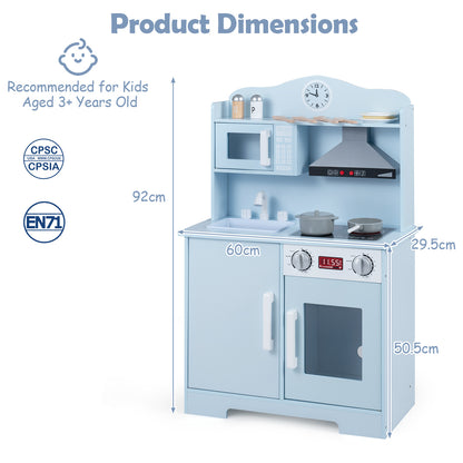 Blue Wooden Play Kitchen | Light-Up Range Hood & Sound Effects