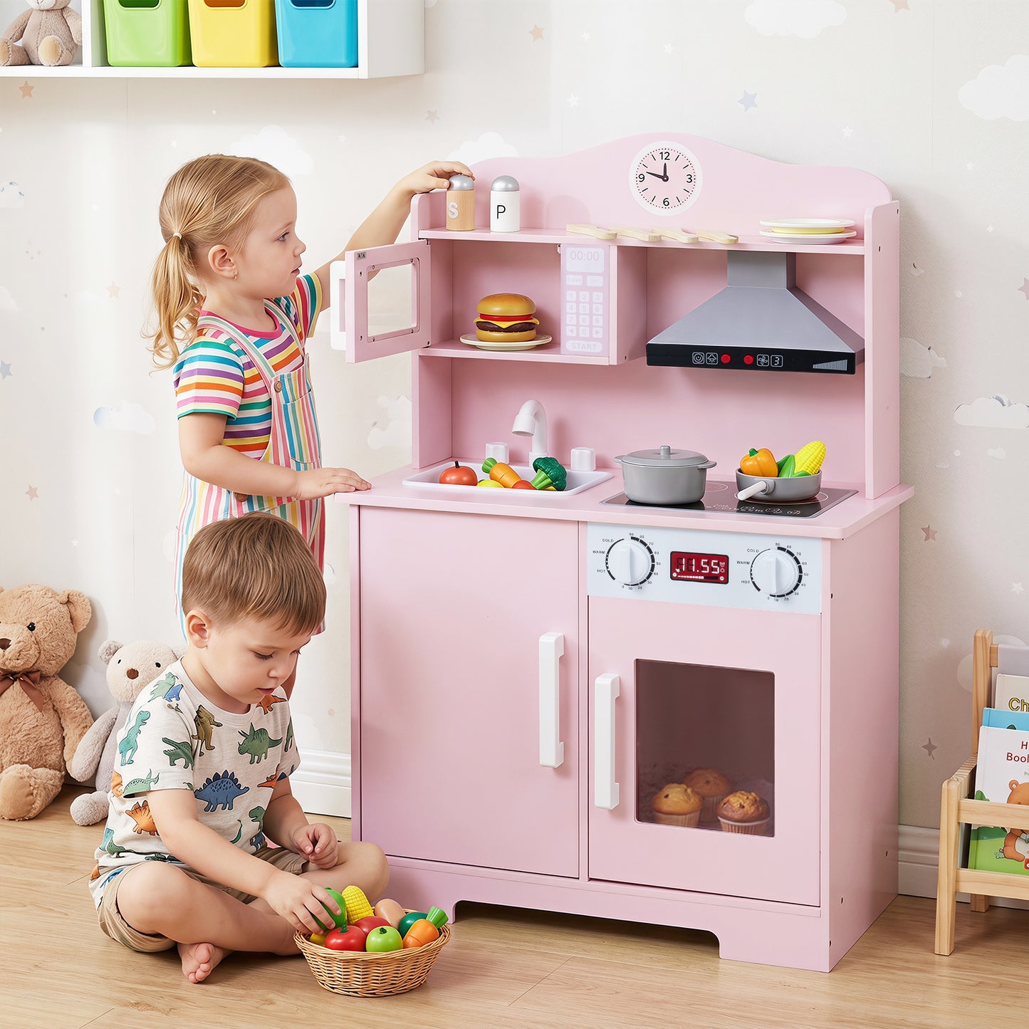 Costway Play Kitchen for Kids Wooden with Range Hood Microwave Sink-Pink