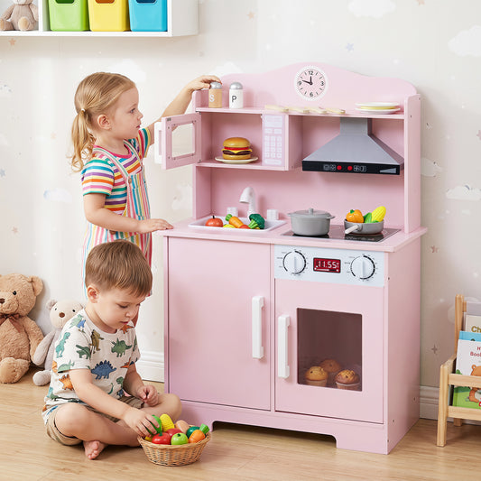 Costway Play Kitchen for Kids Wooden with Range Hood Microwave Sink-Pink