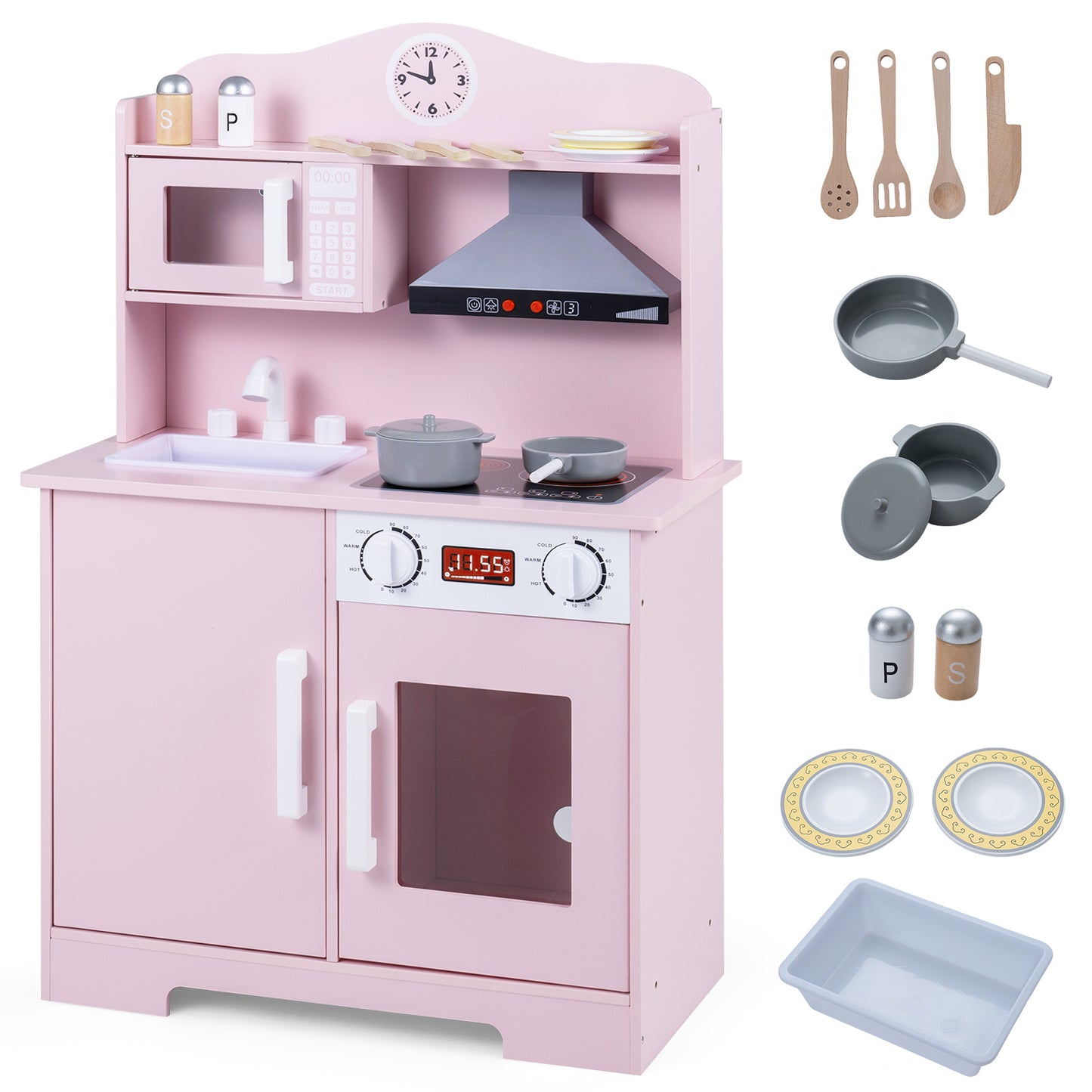 Pink Wooden Play Kitchen | Light-Up Range Hood & Accessories