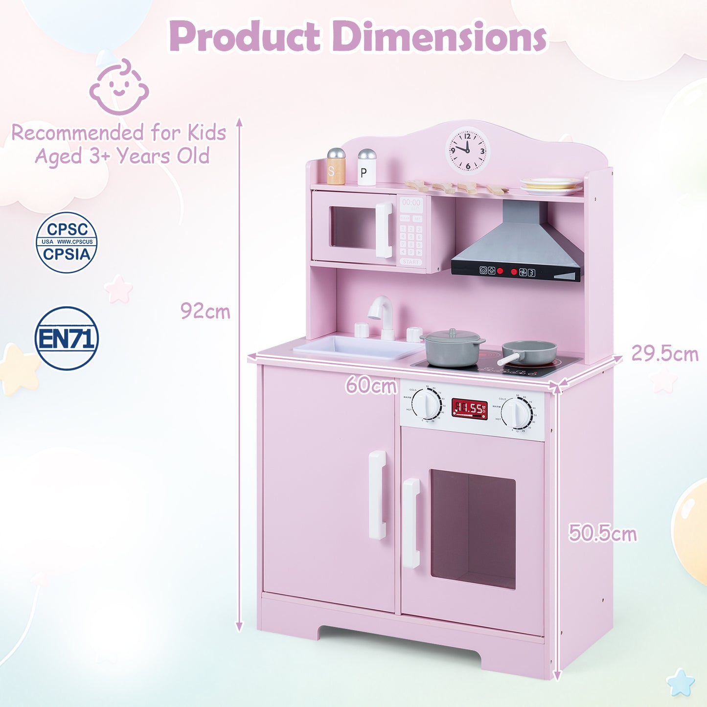Pink Wooden Play Kitchen | Light-Up Range Hood & Accessories