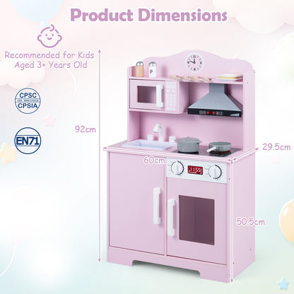 Pink Wooden Play Kitchen | Light-Up Range Hood & Accessories