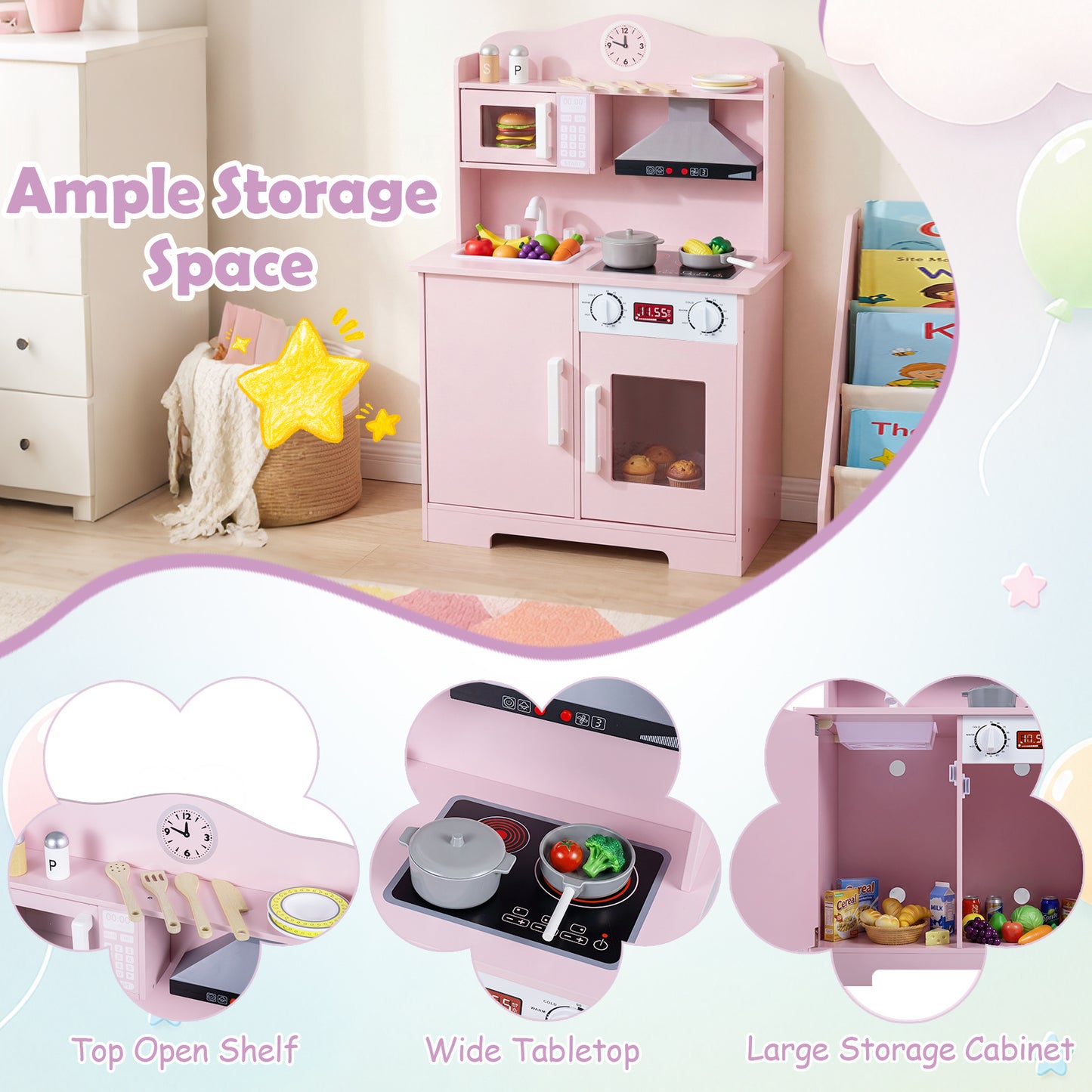Pink Wooden Play Kitchen | Light-Up Range Hood & Accessories