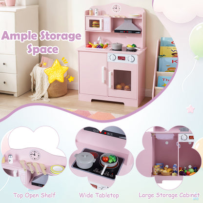 Pink Wooden Play Kitchen | Light-Up Range Hood & Accessories