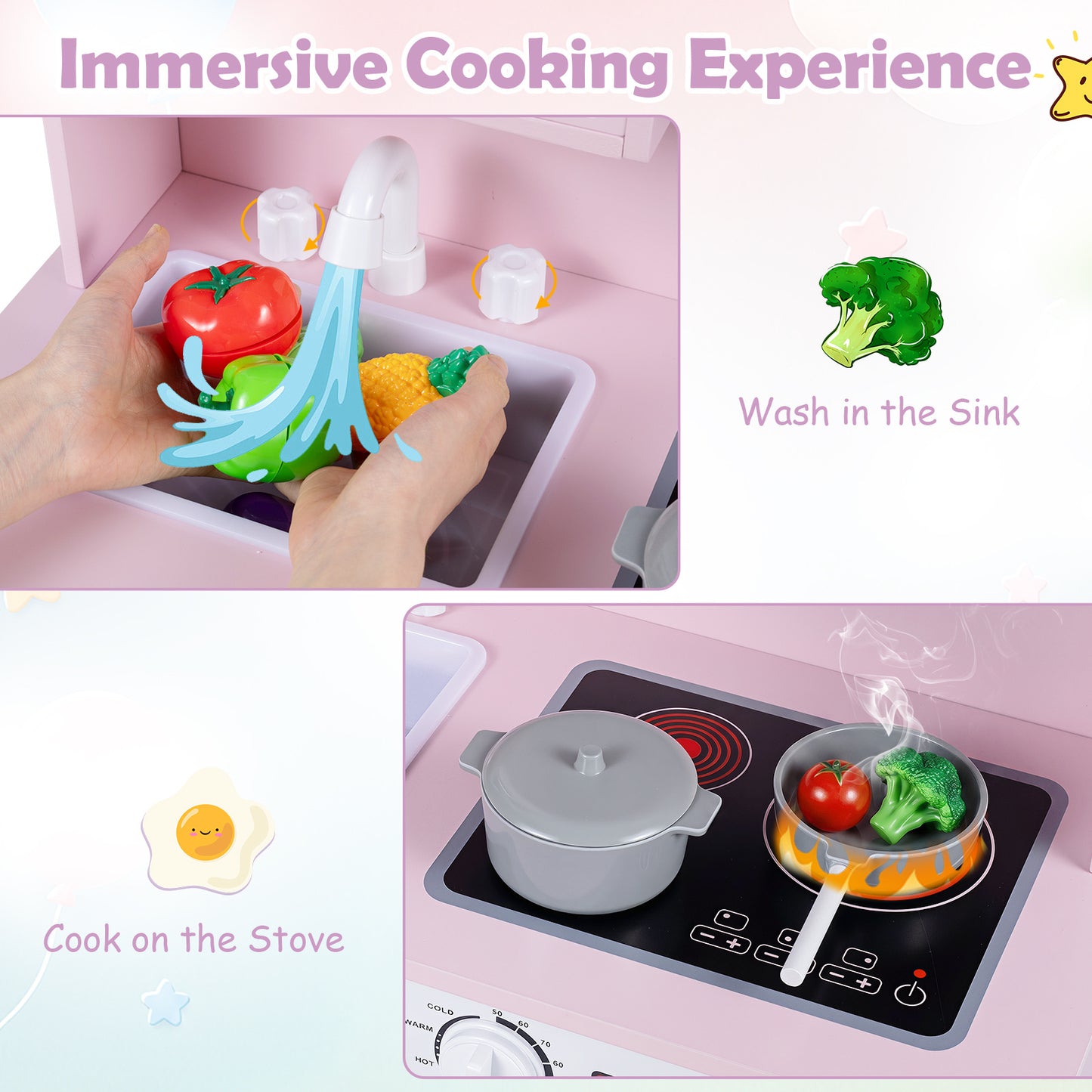Pink Wooden Play Kitchen | Light-Up Range Hood & Accessories