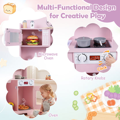 Pink Wooden Play Kitchen | Light-Up Range Hood & Accessories