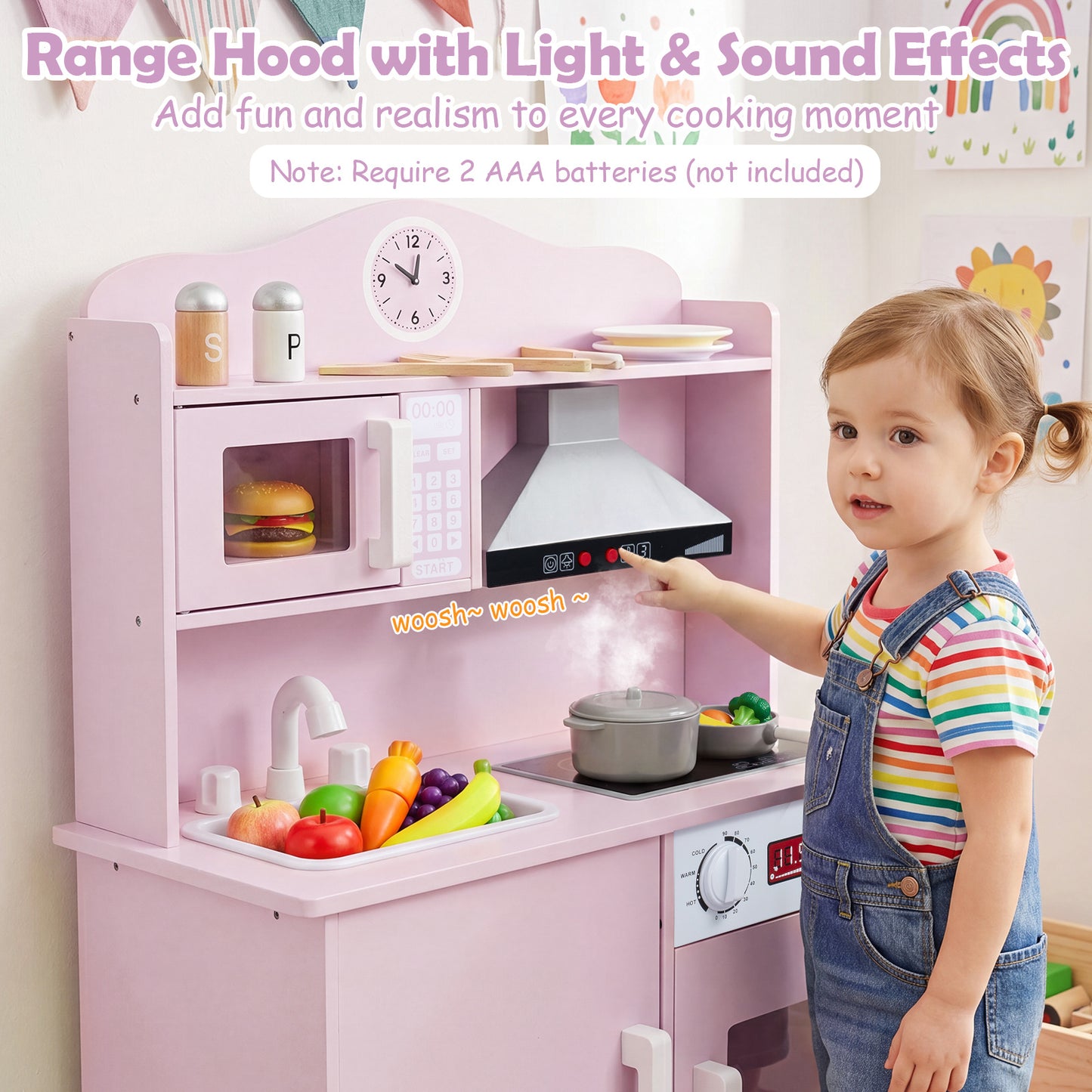 Pink Wooden Play Kitchen | Light-Up Range Hood & Accessories