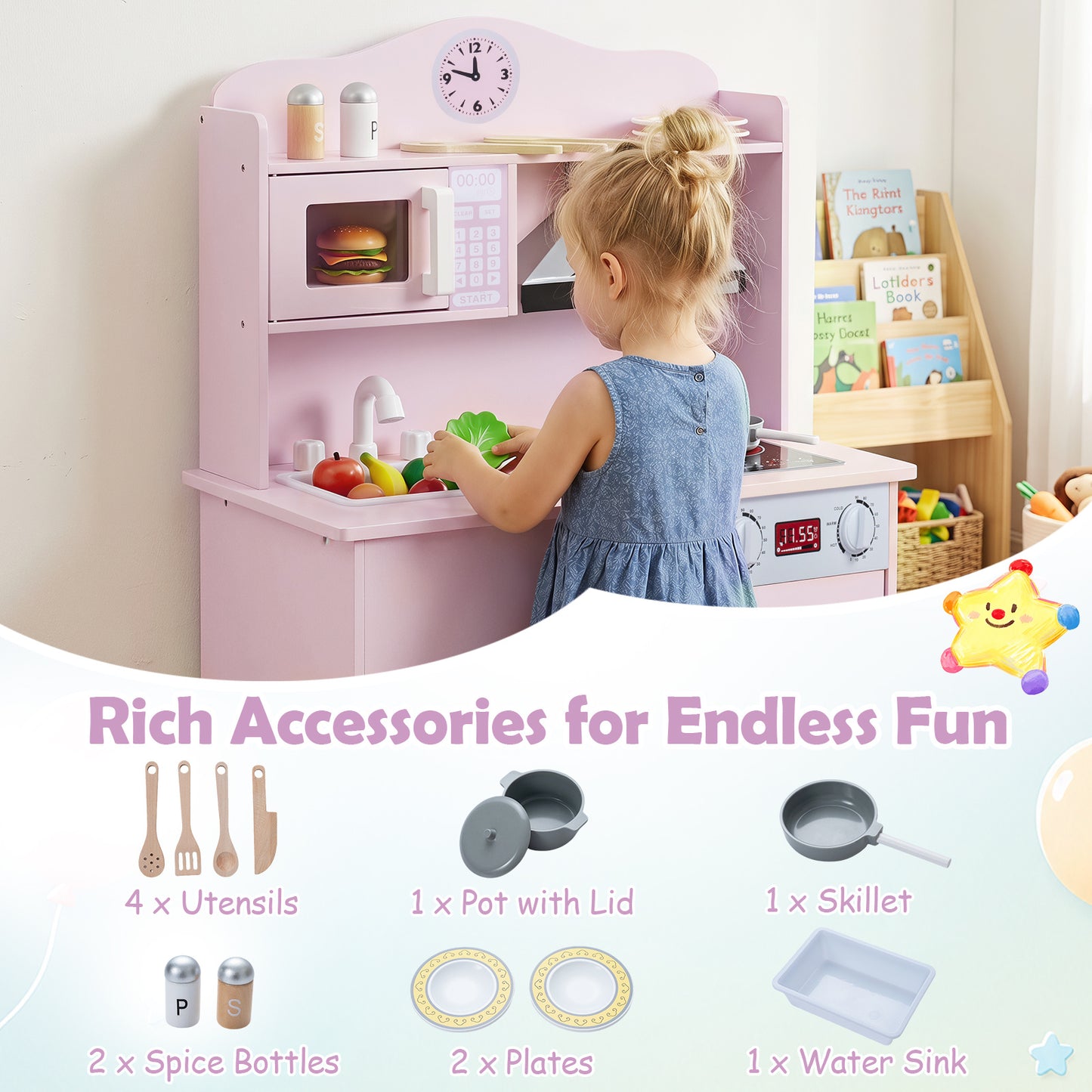 Pink Wooden Play Kitchen | Light-Up Range Hood & Accessories