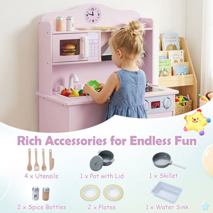 Pink Wooden Play Kitchen | Light-Up Range Hood & Accessories