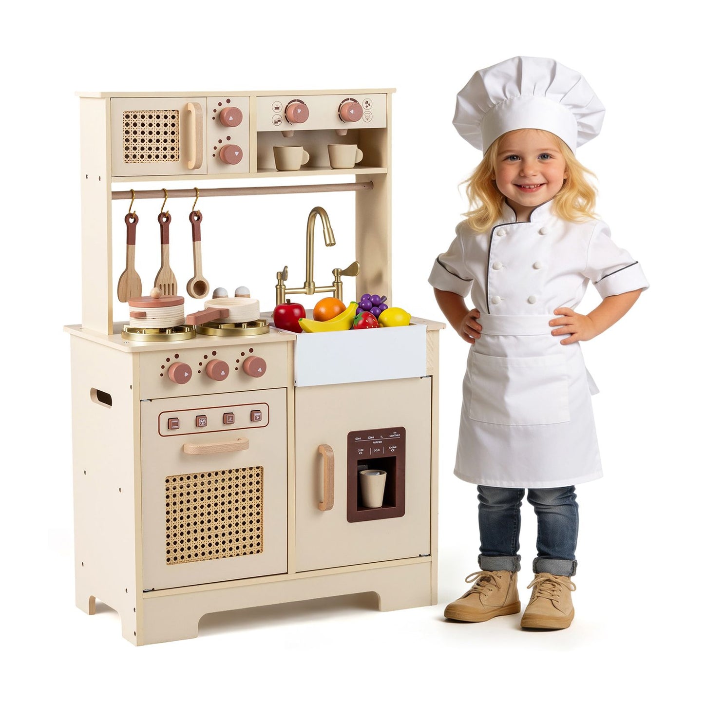 Yellow Wooden Play Kitchen | Lights Sounds Ice Machine Accessories