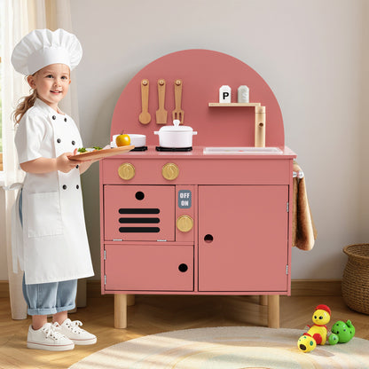 Costway Play Kitchen for Kids Wooden Kitchen Playset with Stoves Faucet-Pink