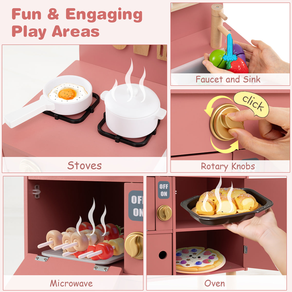 Pink Wooden Play Kitchen Set | Stoves Knobs Sink & Faucet