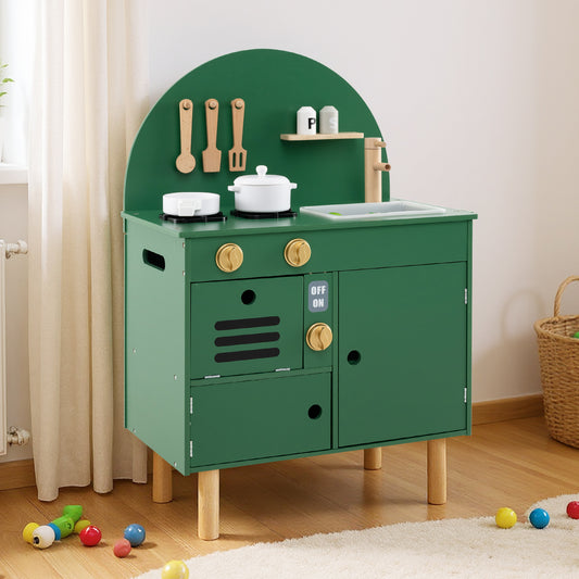 Costway Play Kitchen for Kids Wooden Kitchen Playset with Stoves Faucet-Green