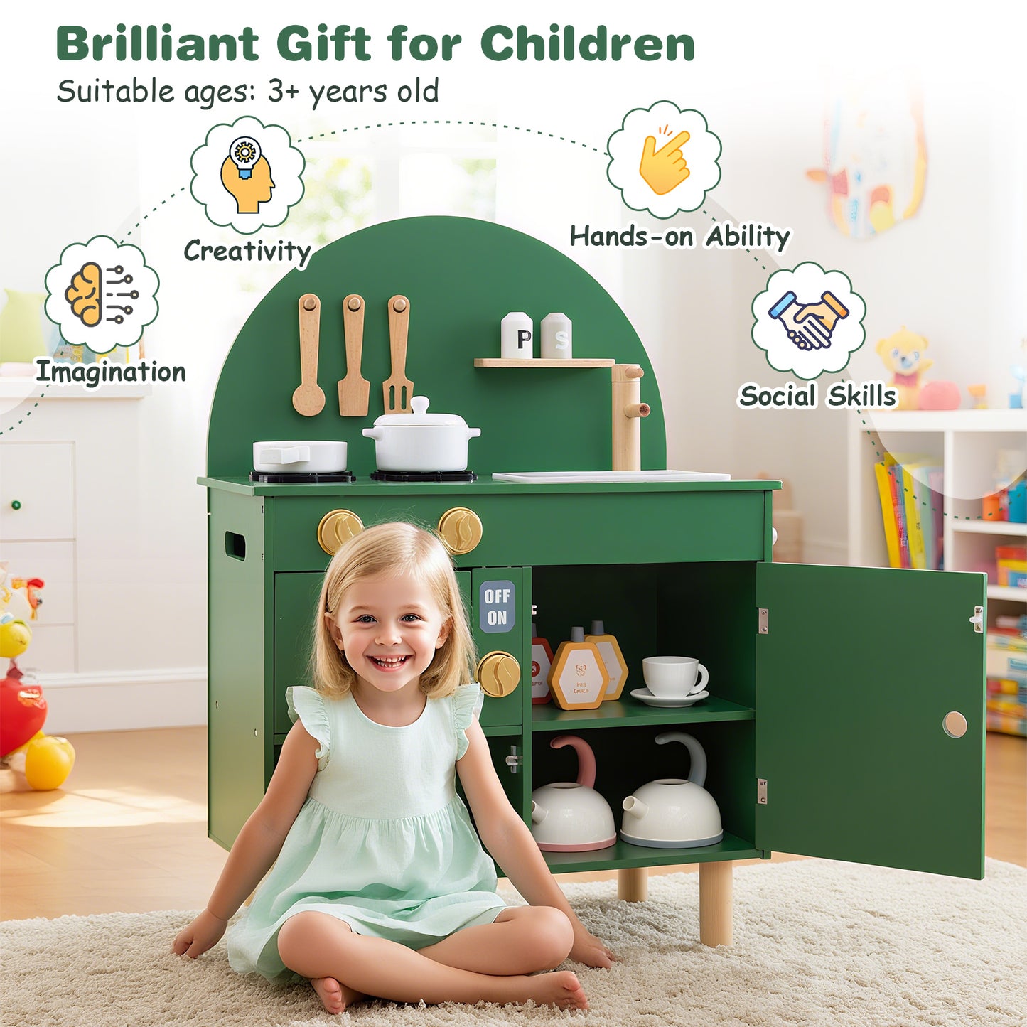 Green Wooden Play Kitchen Set | Stoves Faucet & Clicking Knobs