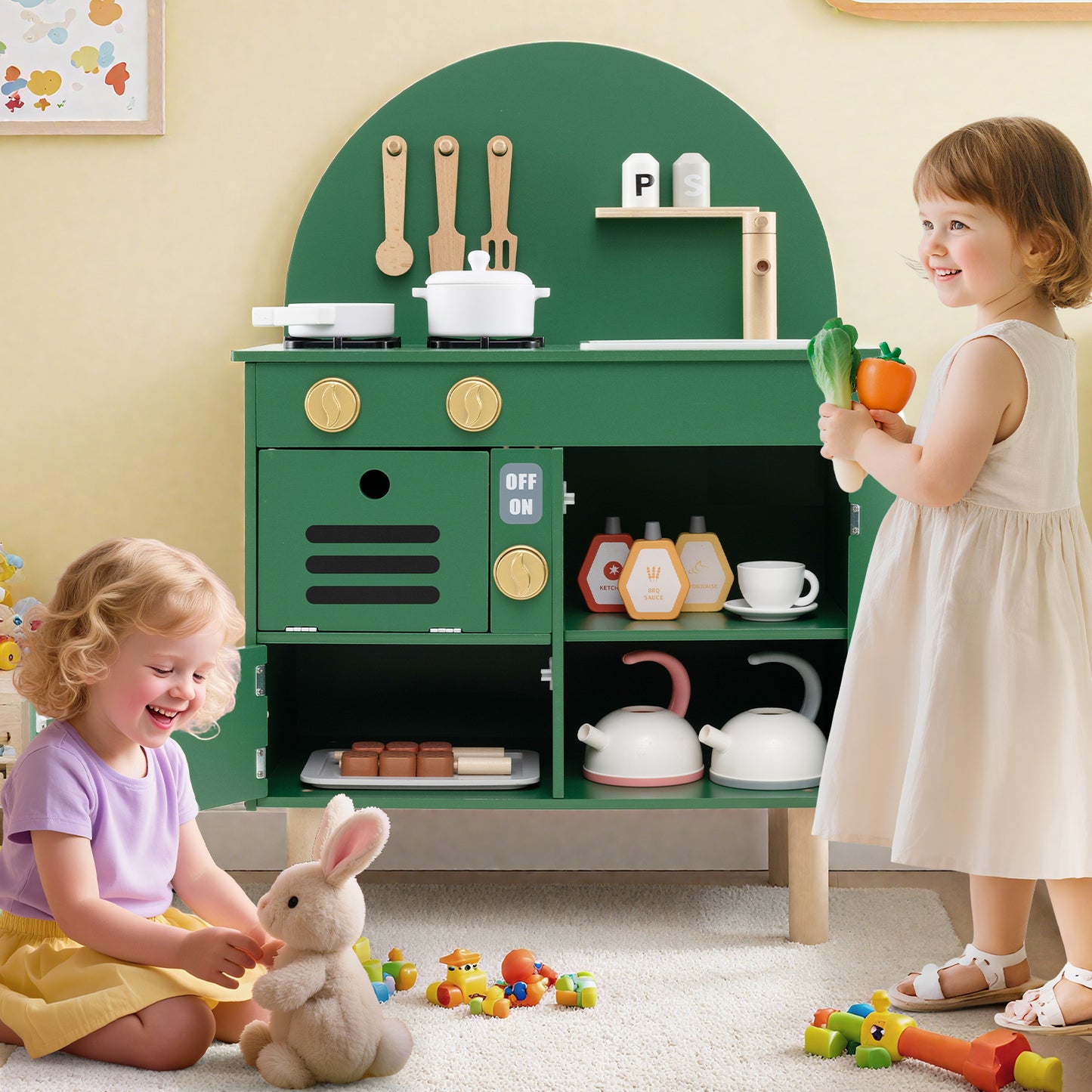 Green Wooden Play Kitchen Set | Stoves Faucet & Clicking Knobs