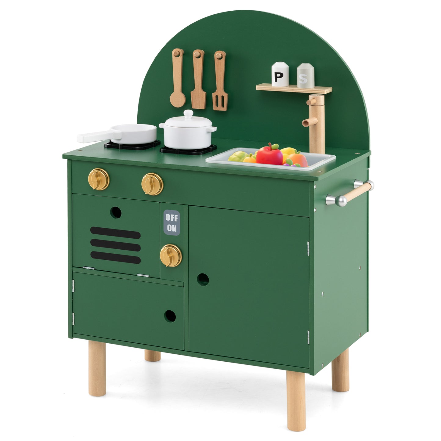 Green Wooden Play Kitchen Set | Stoves Faucet & Clicking Knobs