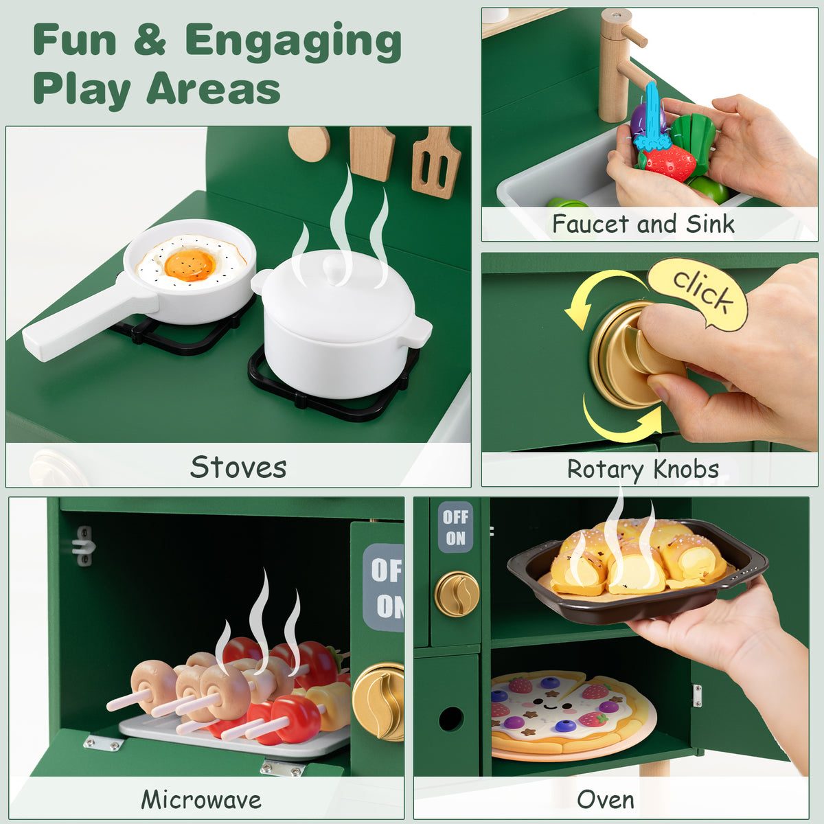 Green Wooden Play Kitchen Set | Stoves Faucet & Clicking Knobs