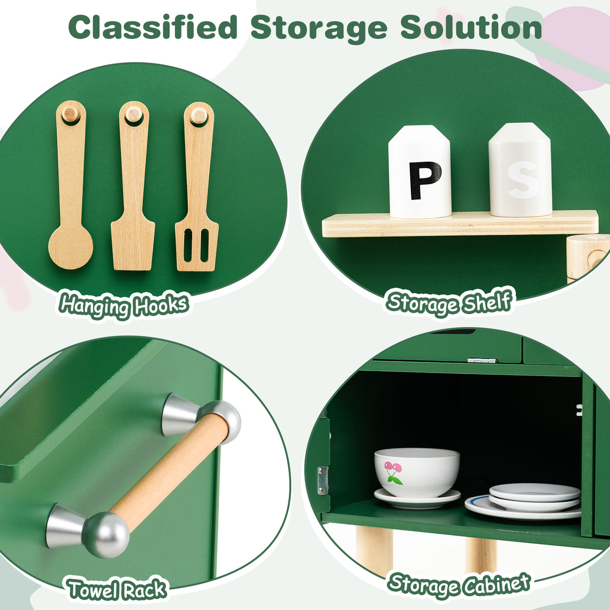 Green Wooden Play Kitchen Set | Stoves Faucet & Clicking Knobs