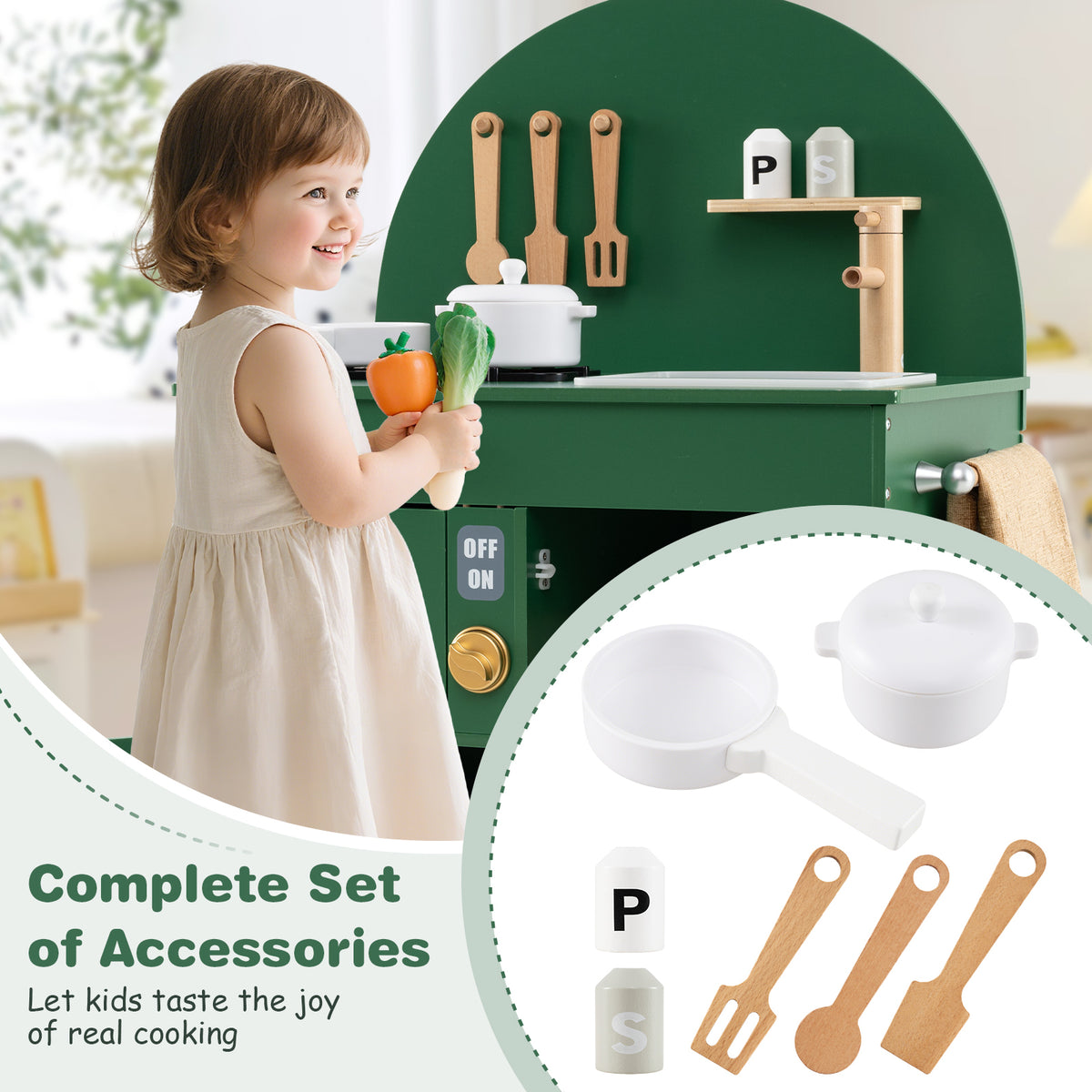 Green Wooden Play Kitchen Set | Stoves Faucet & Clicking Knobs
