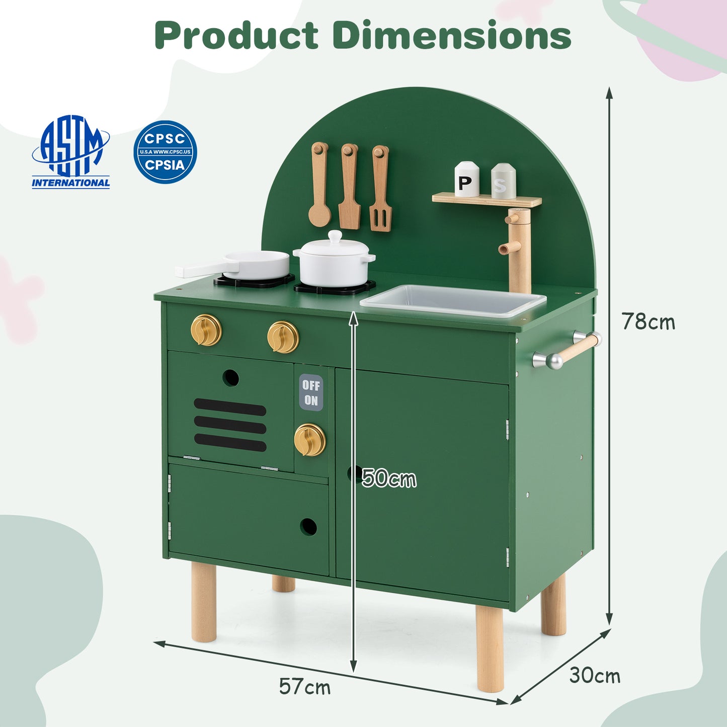 Green Wooden Play Kitchen Set | Stoves Faucet & Clicking Knobs
