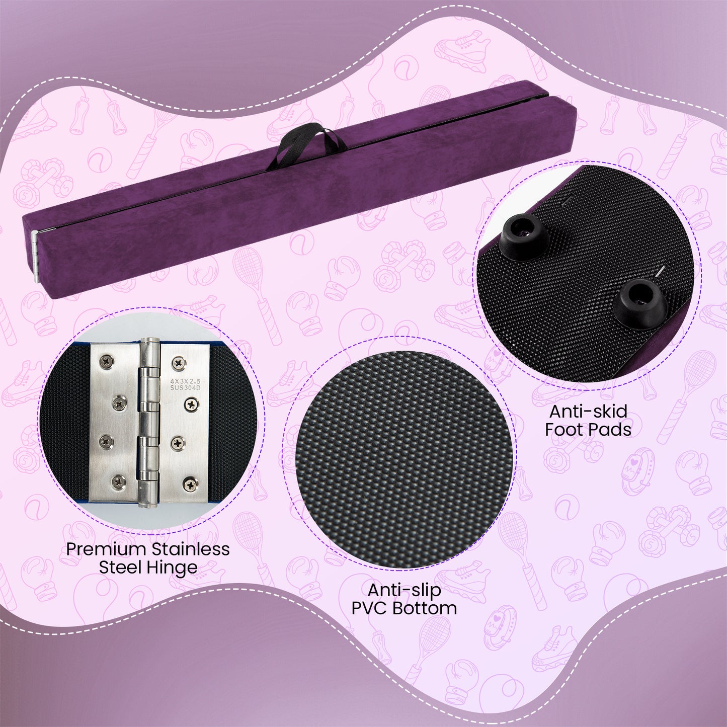 Purple Portable Gymnastic Balance Beam | Anti-Slip Foldable