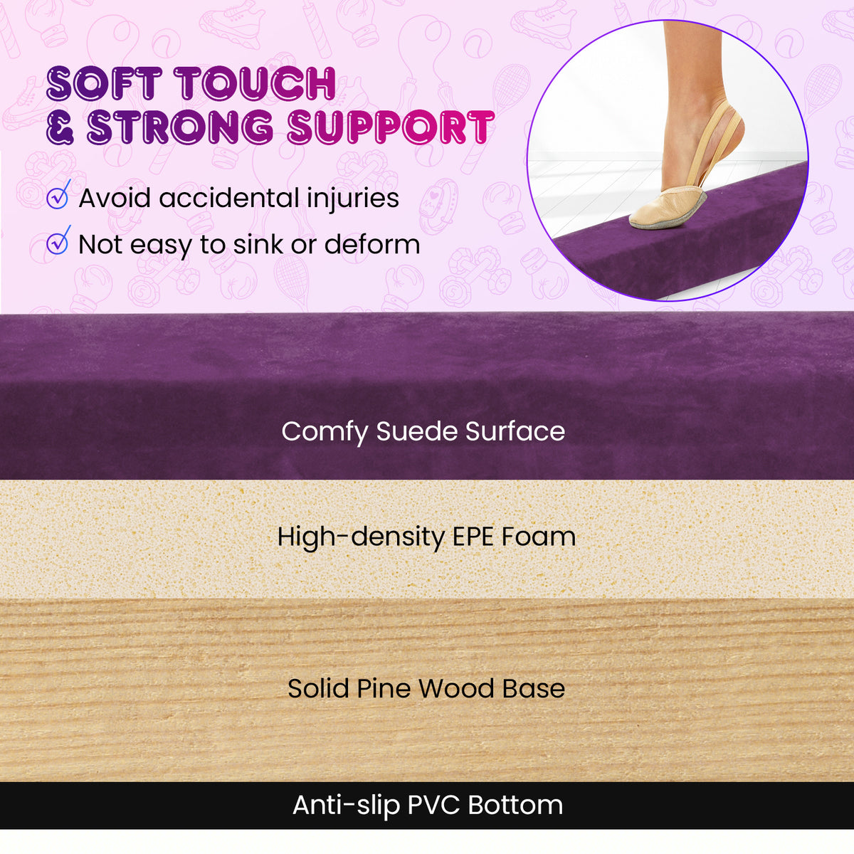 Purple Portable Gymnastic Balance Beam | Anti-Slip Foldable