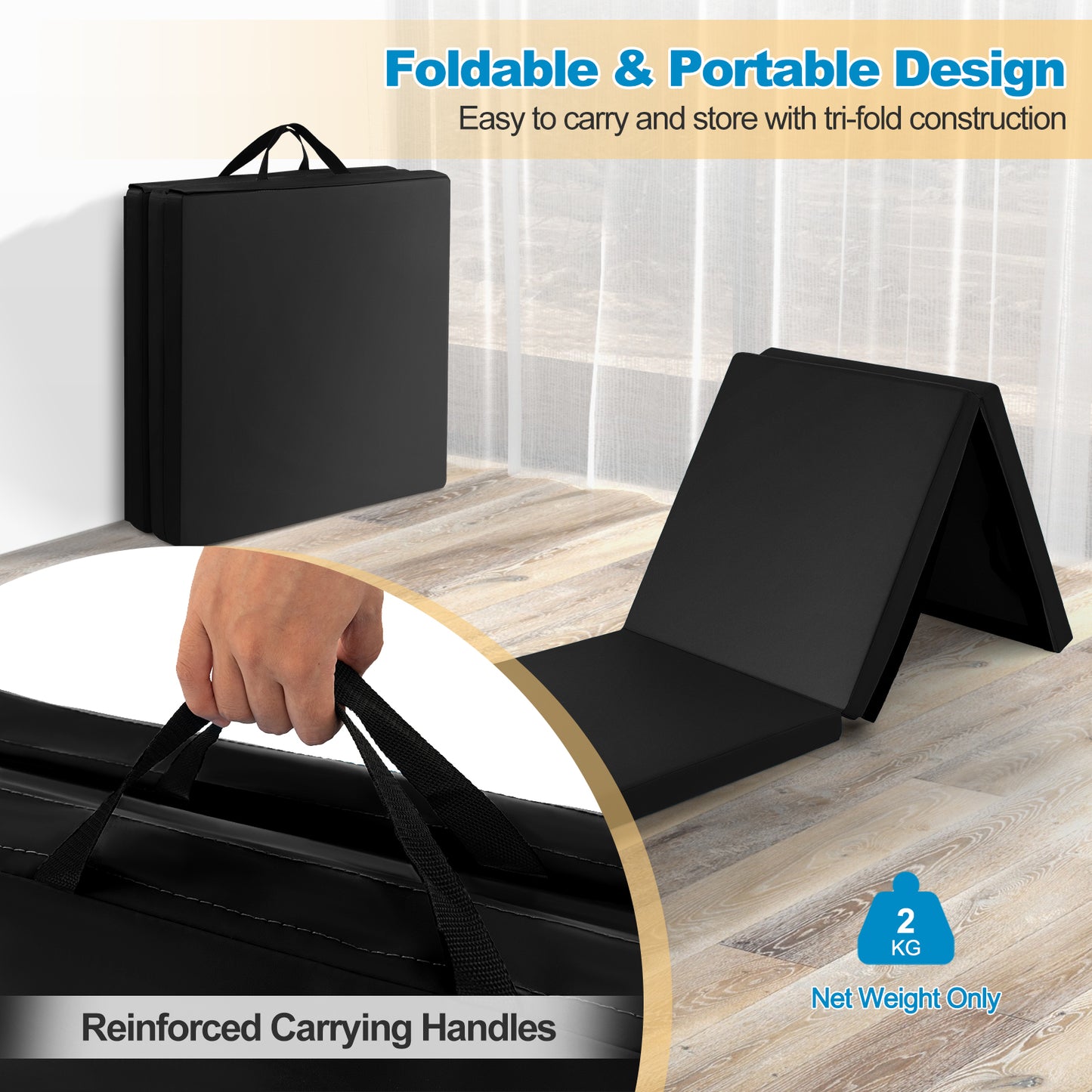 180 x 60cm 3 Fold Exercise Mat With Handles | Black EPE Filler