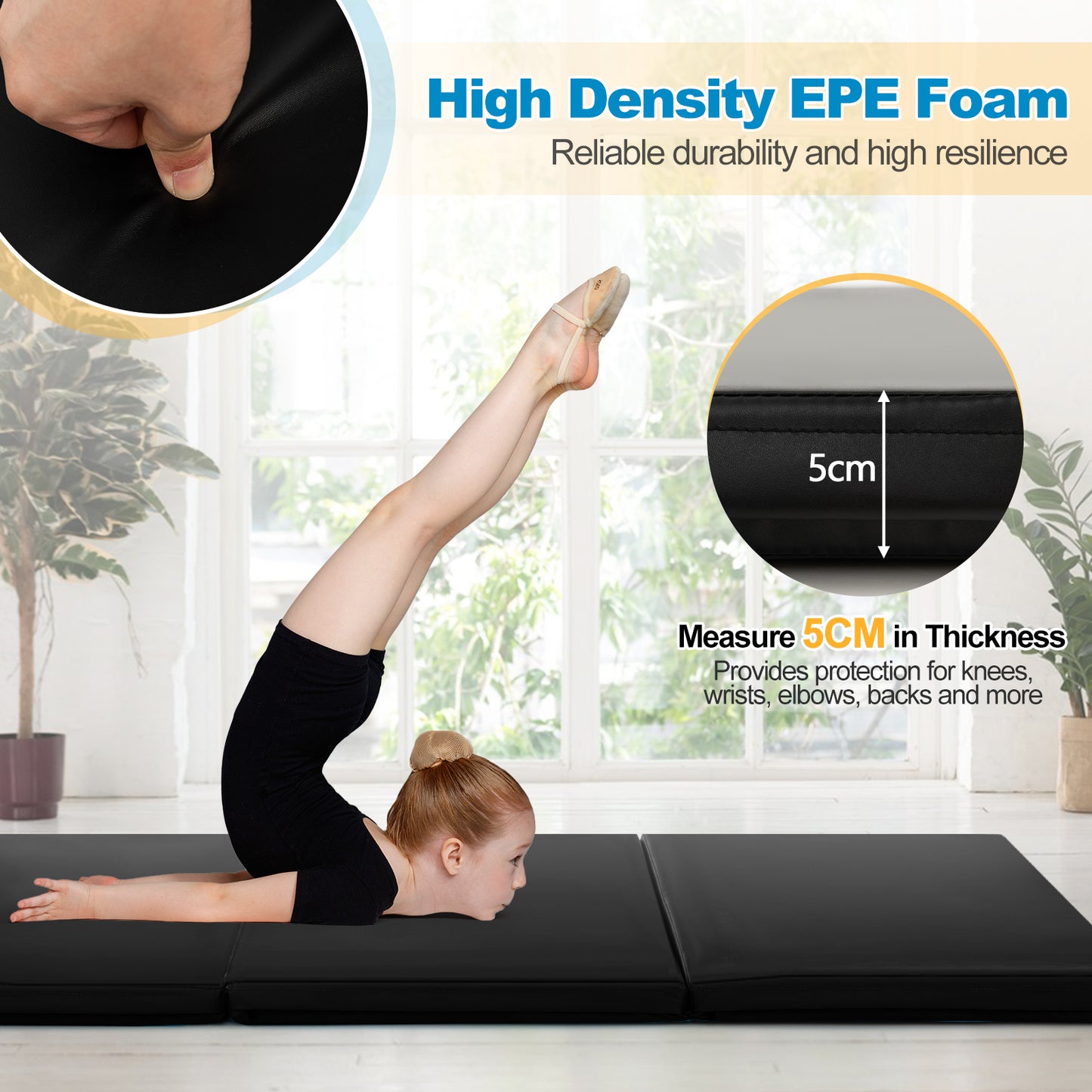 180 x 60cm 3 Fold Exercise Mat With Handles | Black EPE Filler
