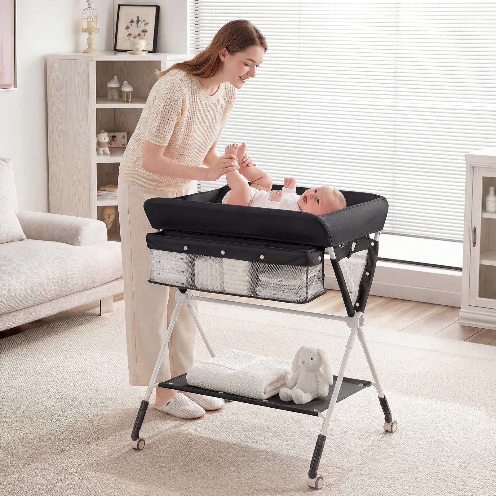 Costway Portable Diaper Changing Station with Storage Basket Shelf and Lockable Wheels-Black