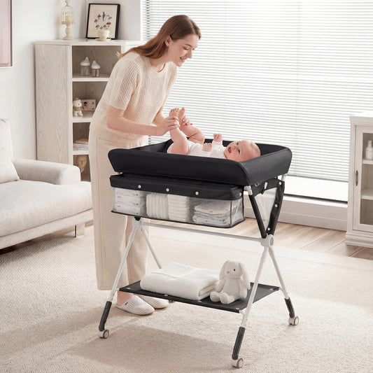 Costway Portable Diaper Changing Station with Storage Basket Shelf and Lockable Wheels-Black