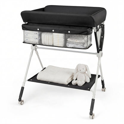 Black Portable Baby Changing Table | Foldable With Storage & Wheels