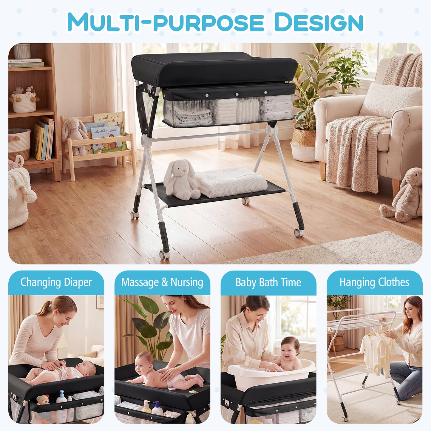Black Portable Baby Changing Table | Foldable With Storage & Wheels
