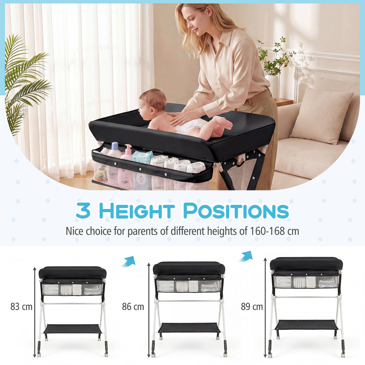 Black Portable Baby Changing Table | Foldable With Storage & Wheels