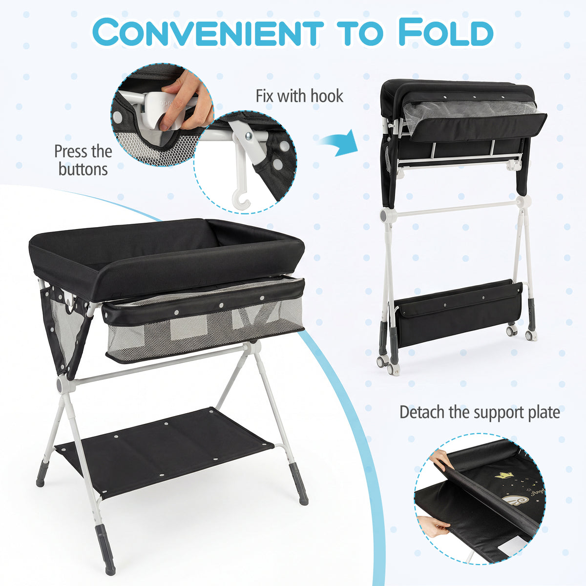 Black Portable Baby Changing Table | Foldable With Storage & Wheels