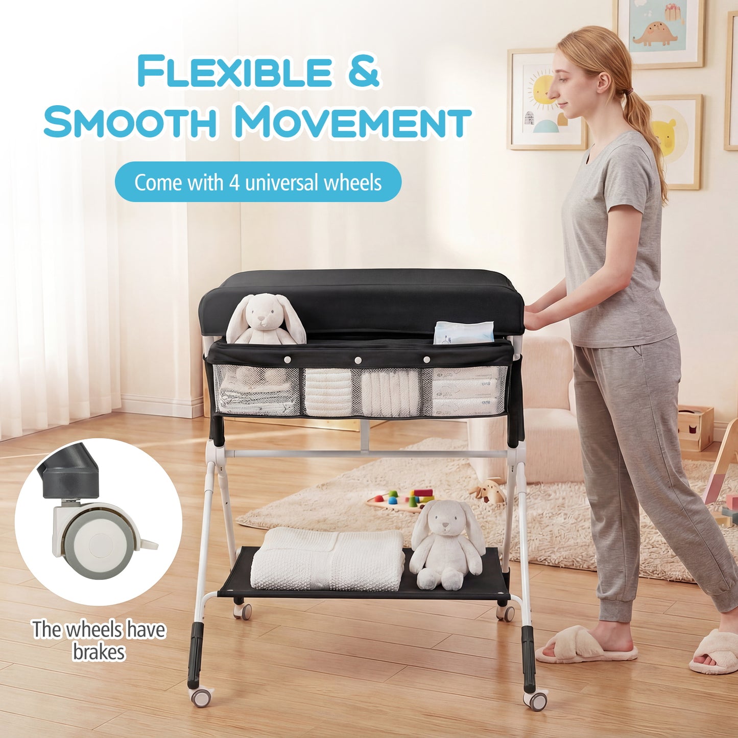 Black Portable Baby Changing Table | Foldable With Storage & Wheels