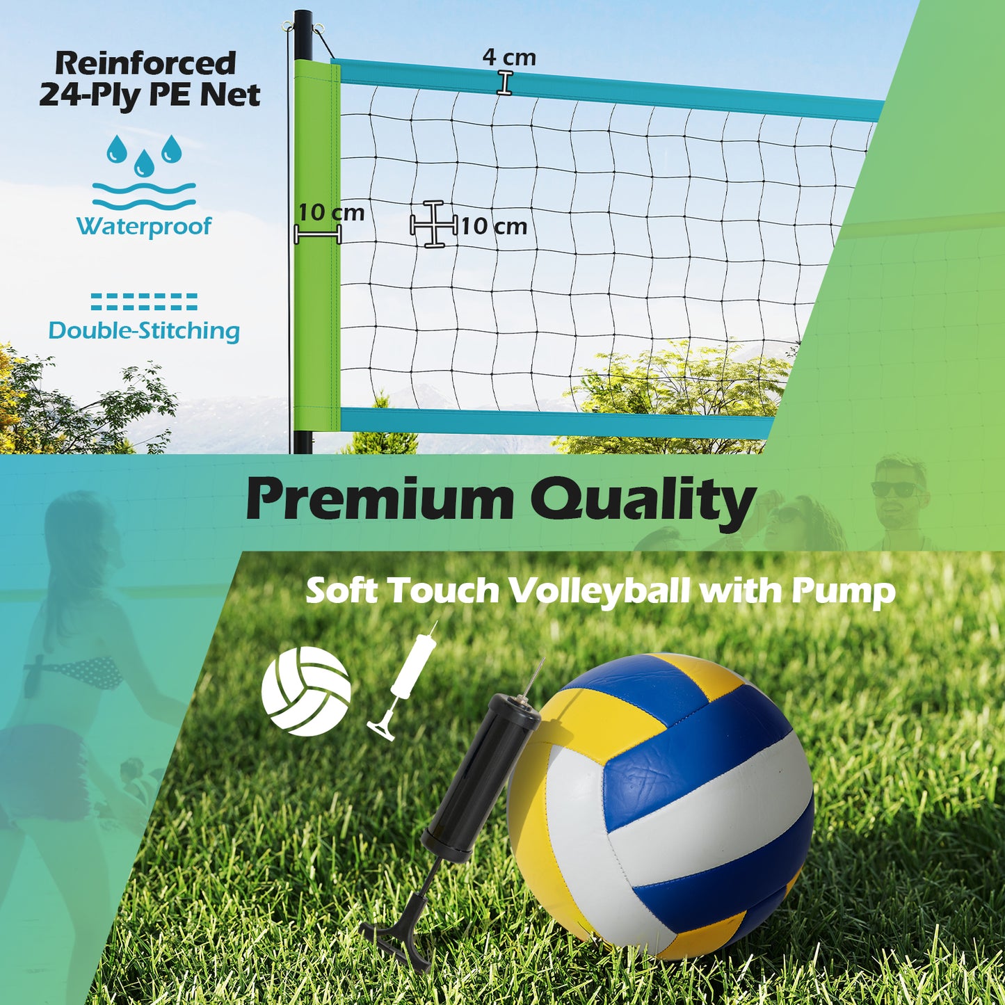 Portable Outdoor Volleyball Net Set With Height Adjustable Poles For Backyard Green