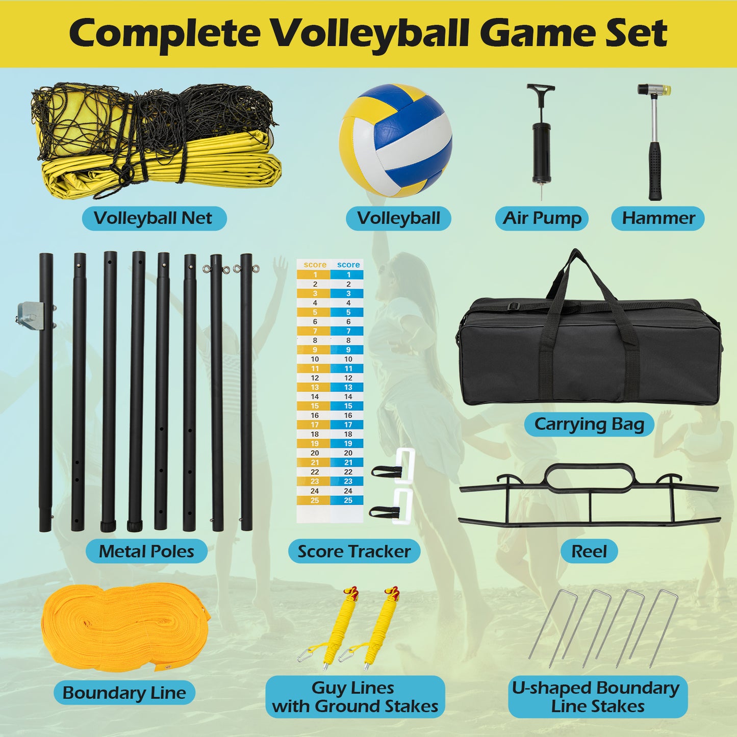 Portable Outdoor Volleyball Net Set With Height Adjustable Poles For Backyard Yellow
