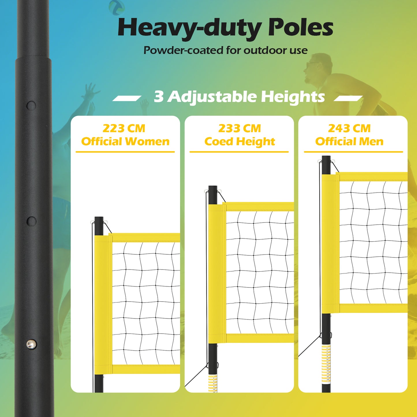 Portable Outdoor Volleyball Net Set With Height Adjustable Poles For Backyard Yellow